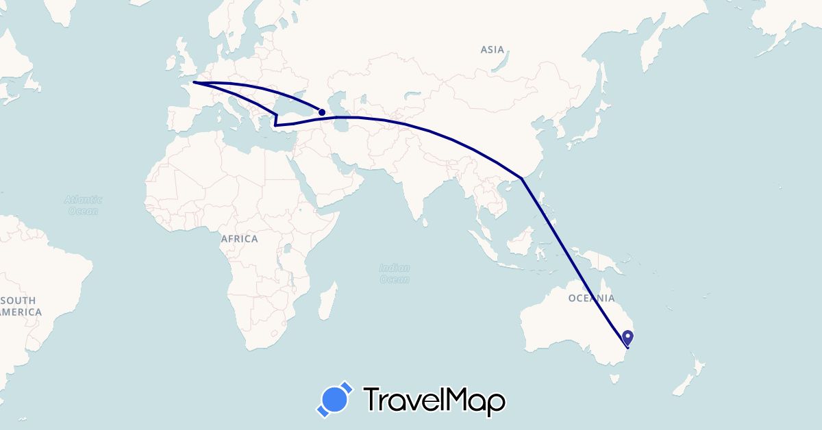 TravelMap itinerary: driving in Australia, Azerbaijan, China, France, Georgia, Turkey (Asia, Europe, Oceania)